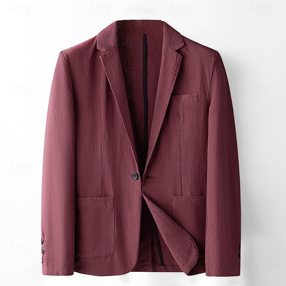 Herre Blazer i lin drakter Bryllup jubileum Feriereise Elegant Nøytral Vår & Vinter Lin i bomull Helfarge Knapper comfy Enkelt Brystet Enn-knapp Blazer Svart Mørkerød Navyblå Grønn 2025 - $49.99 –P3