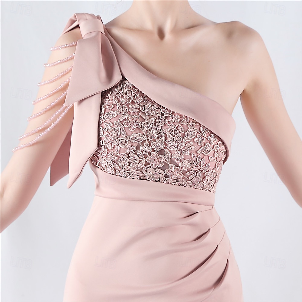 Meerjungfrau  Trompete Abendkleid Elegantes Kleid Formelles Abendparty Bodenlang Ärmellos Ein Schulter Spitze mit Schleife(n) Perlen Schlitz 2025 - $129.99 –P6