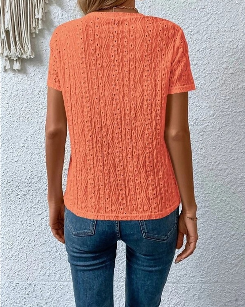 Жен. Блуза Ушко сверху Кружевные топы Полотняное плетение Повседневные Стиль Классический С короткими рукавами Вырез под горло Обычные топы Офис Повседневные Праздники С отверстиями 2025 - $21.99 –P10