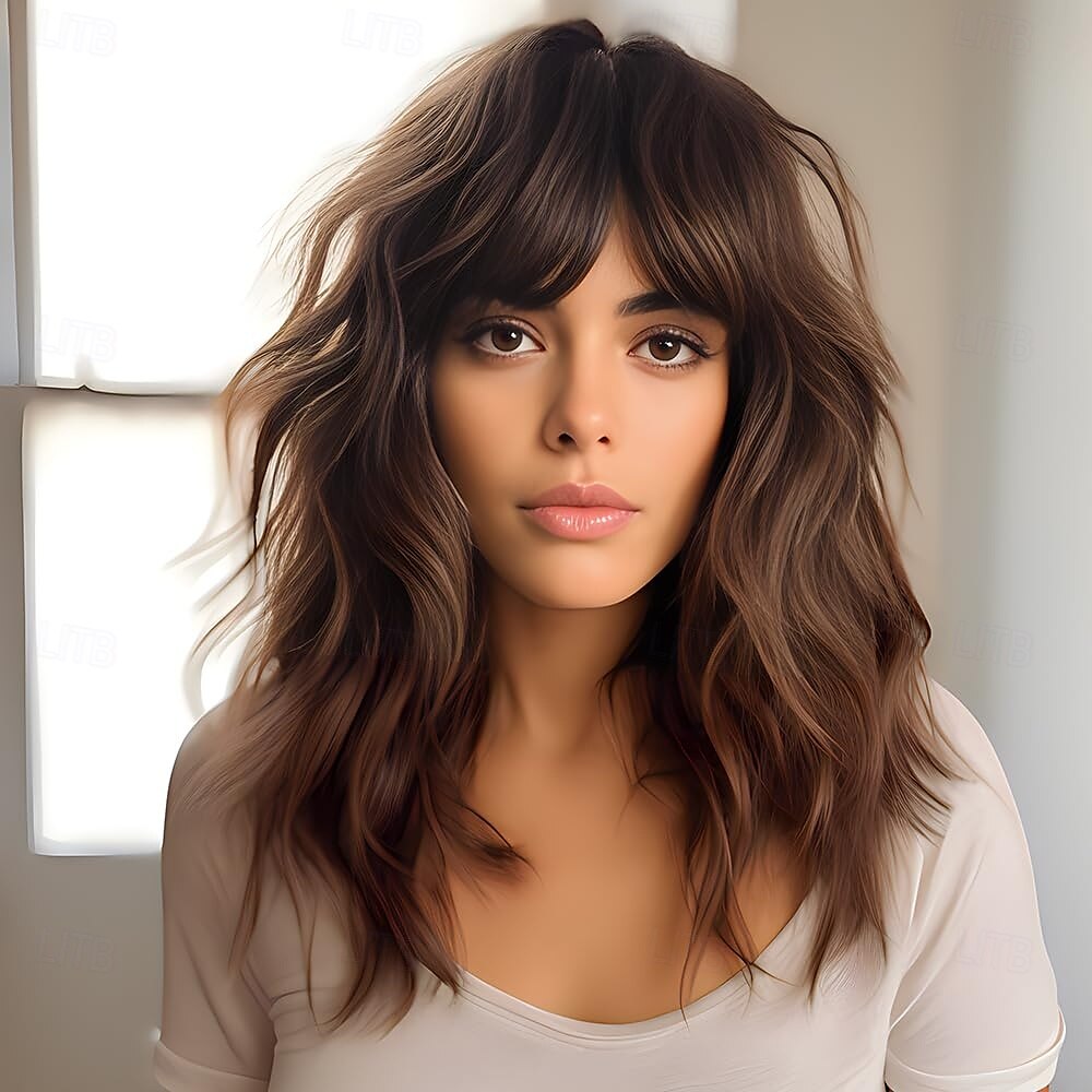 باروكة شعر مجعدة متموجة للنساء، باروكة شعر نسائية ساحرة باللون البني الشوكولاتي بطول متوسط مع غرة للاستخدام اليومي في حفلات التنكر 2025 - $29.99 –P1