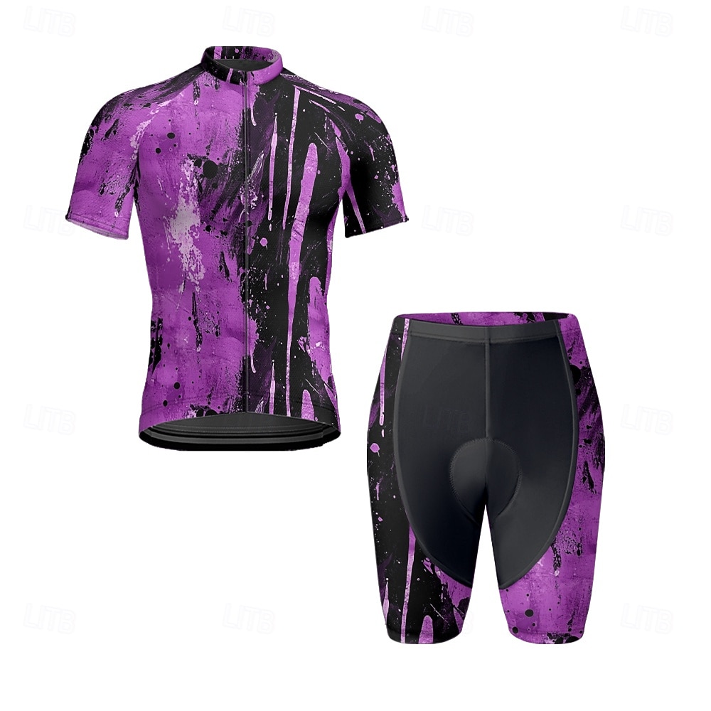 Homme Maillot et Cuissard Velo Cyclisme Manche Courte VTT Vélo tout terrain Cyclisme sur route Été Printemps Automne Violet Pourpre foncé Graffiti Vélo Fermeture Éclair Frontale Évacuation de la de 2026 ? $47.99 –P1