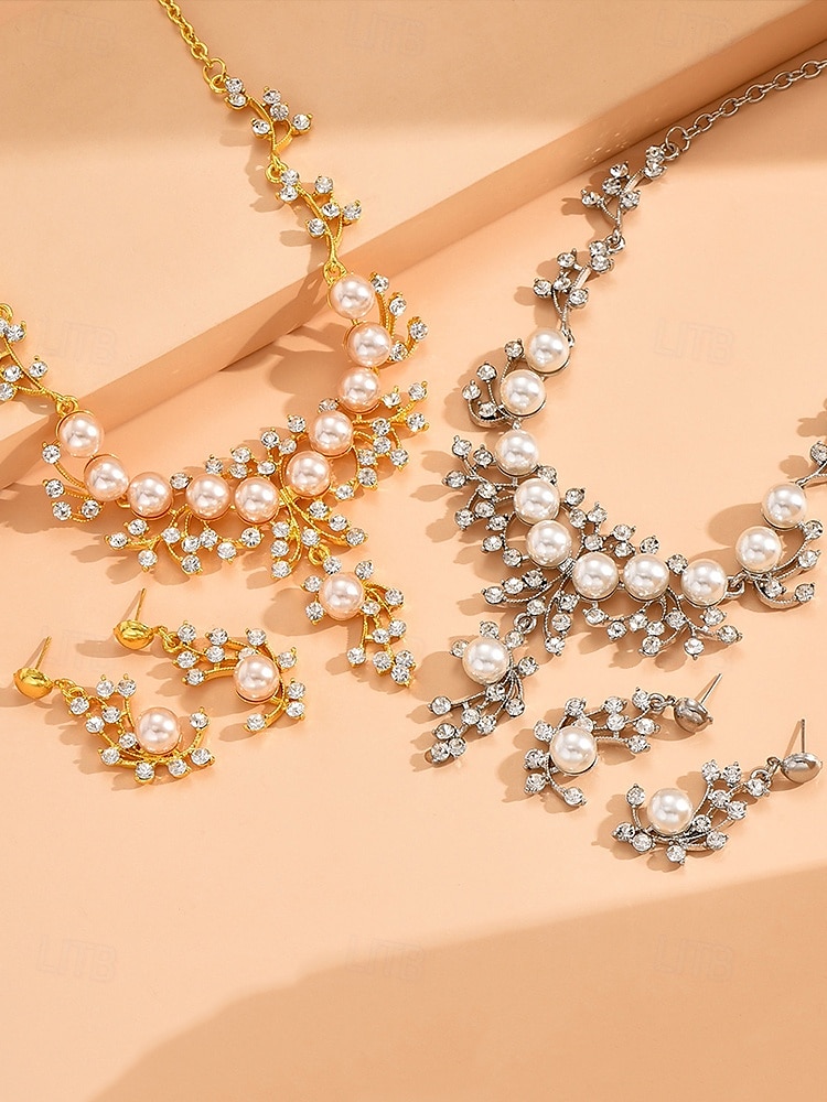 elegantti helmi- ja tekojalokivikaulakoru ja korvakorut naisille – morsiuskoruja häihin ja erikoistilaisuuksiin 2026 - $11.99 –P4