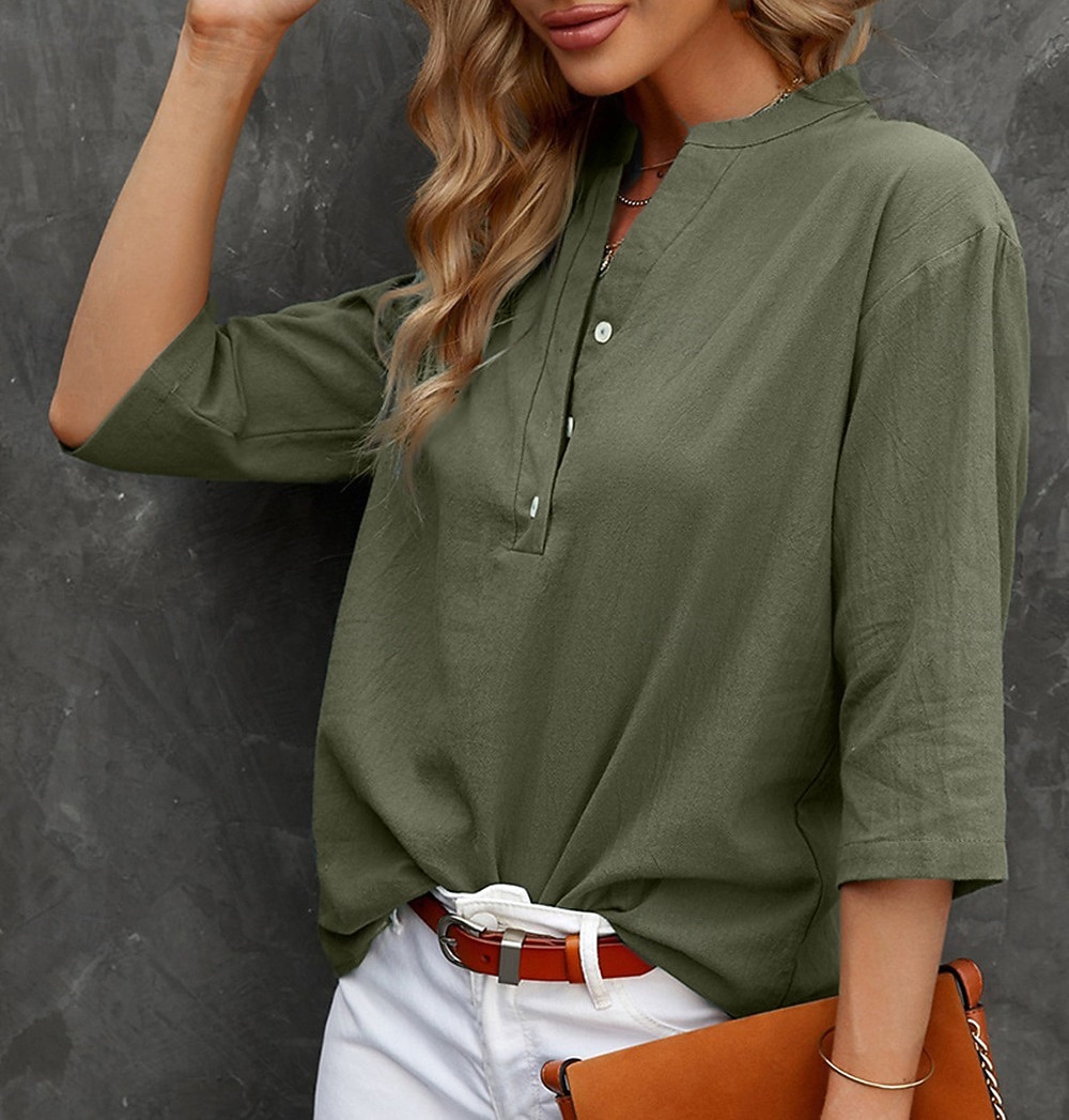 Жен. Застегните кнопку вверх Блуза Длинные хлопковые топы Искусственный хлопок и лен Пуговицы Сплошной/однотонный цвет Классический Неоновый и Яркий V-образный вырез Повседневные 2026 - $18.49 –P12