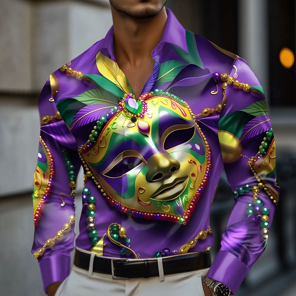 Mardi gras Miesten Naamio Karnevaali Satiini paita Pukupaita Button Up paita Pitkähihainen Muoti rento Pyhäpäivä Kesä Kevät Sänkyjen avaus Kauluspaidat 3D-tulostus Vaalea purppura Purppura Tumma 2026 - $29.99 –P5