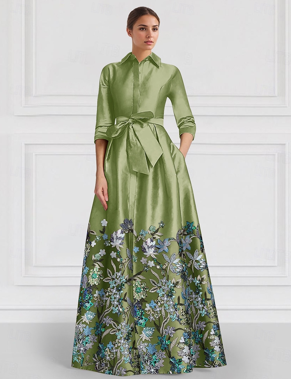 A-Linie Bodenlang Perlenbestickt Kleid für Hochzeitsgäste Abendkleid Brautmutterkleid Halbarm Hemdkragen Elegant Hoher Schlitz Hochzeit Formell Satin mit Schlitz Applikationen 2026 - $219.99 –P1