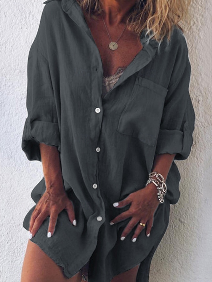 Abito mini da donna Abito camicia Abito casual Di base Casual Vacanza Quotidiano Vestibilità regolare Lino semplice Maniche lunghe Colletto Nero Verde chiaro Rosa Blu Estate del 2025 a $19.99 –P5