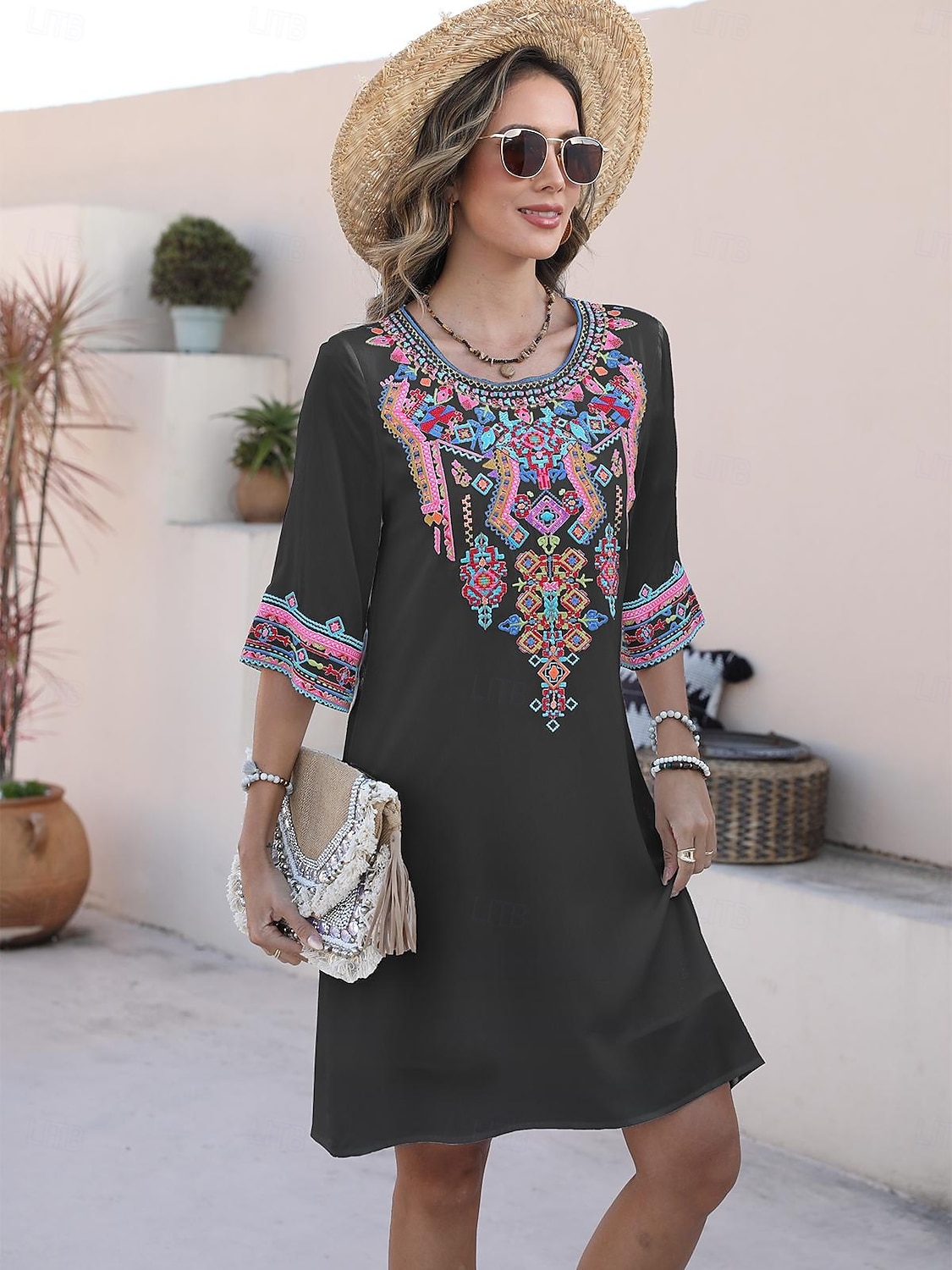 Valentine's Day Women's Normal Mini Dress Boho Chic Dresses A Line Dress Bohemia Stylish Classic Elbow Sleeve Vacation Party Casual Form Fit Floral Plain 3/4 Length Sleeve Crew Neck Black White Summer 2025 - $37.99 –P5