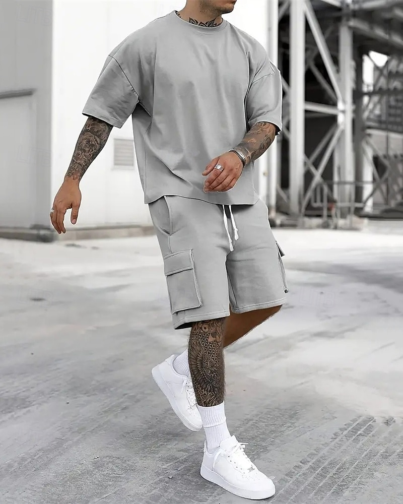 Men's Workout Set Tracksuit T shirt & Shorts Set Outfit Set Crew Neck Outdoor Daily Sports Pocket Drawstring 2 Piece Plain Black Red Green Polyester Activewear Classic Casual Summer 2026 - $36.99 –P1