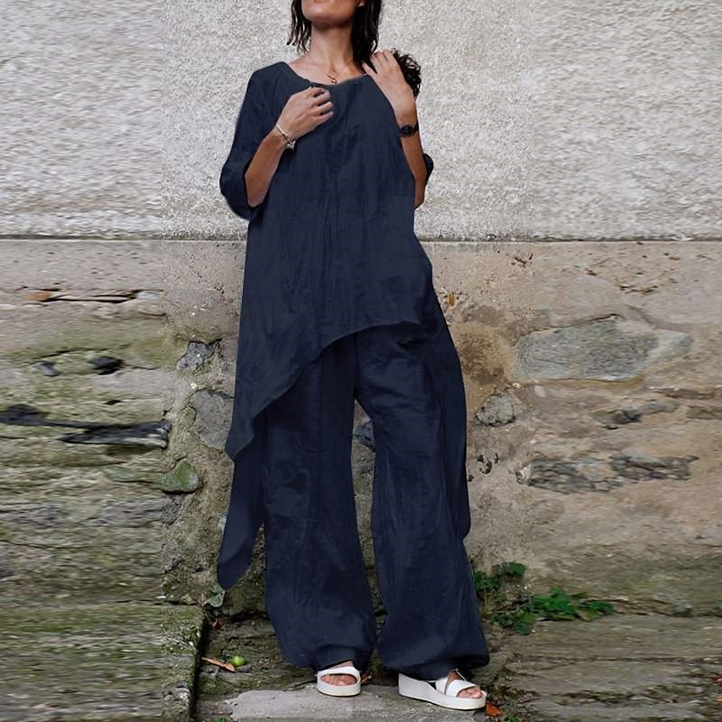 Damen Streetwear Betrübt Hemd Baumwoll-Leinen-Sets Zweiteilige Sets Leinenhosen Hosen Hose Halbarm Rundhalsausschnitt Einfarbig Kordelzug Alltagskleidung Date Armeegrün Marineblau Khaki Sommer 2025 - $29.99 –P11