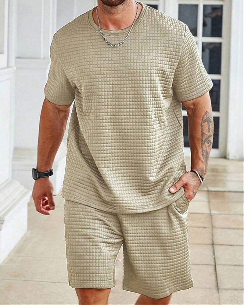 Hombre Waffle Tracksuit Camiseta y pantalones cortos Conjunto Conjunto de atuendo Cuello Barco Exterior Diario Deportes Bolsillo Correa 2 Piezas Plano Negro Blanco Caqui Poliéster Ropa de Deporte 2026 - $37.99 –P1