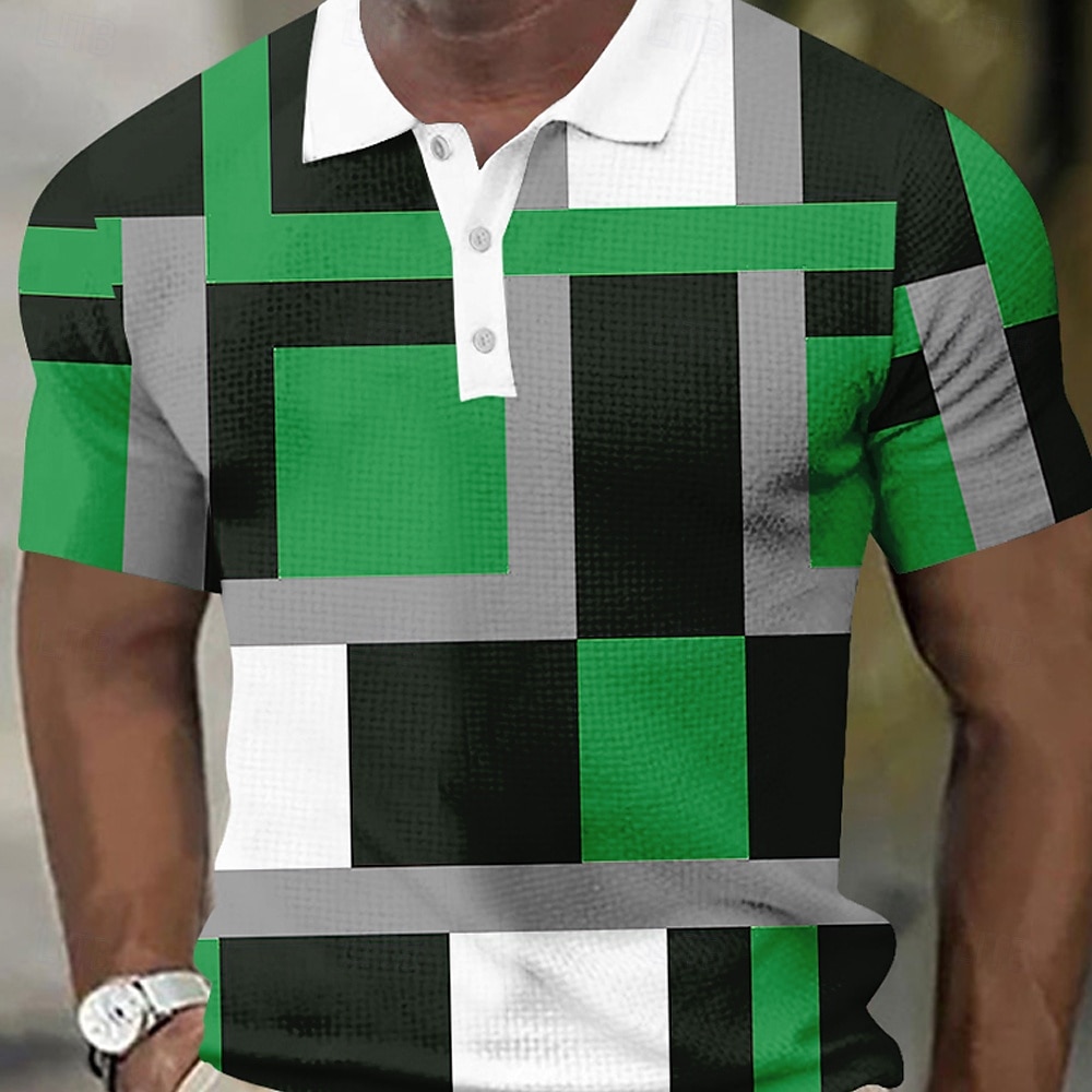 Herren Geometrisch Waffel-Poloshirts Kurzarm Polo-Shirts Hemden mit Kragen Business-Casual Athleisure Büro-Outfit Alltagskleidung Knöpfe 3D-Druck Sommer Rote Blau Himmelblau 2025 - $22.99 –P5