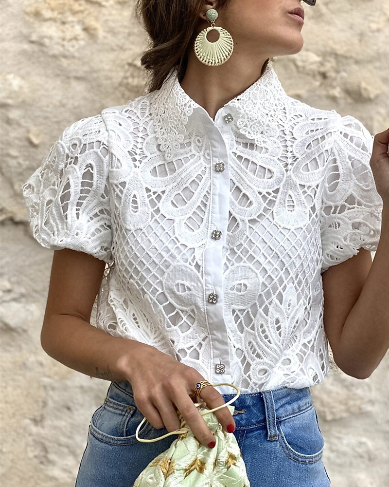 Mulheres Blusa Topo de ilhó Tops de renda Vazado Botões Tecido Diário à moda Básico Manga Curta Colarinho de Camisa Tops regulares Diário Trabalho Feriado Branco Rosa cor de Rosa Primavera Outono de 2026 por $32.99 –P2