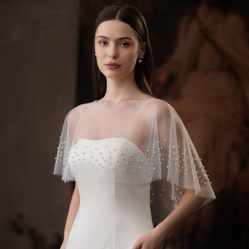 Brudeomslag Elegant Violer & Tyndere Kortermet Tyll Bryllup Wrap Med Imiterte Perler Til Bryllup Vår & Vinter 2025 - $32.99 –P3