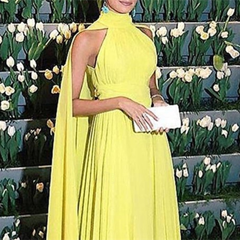 Abito da sera A-Line abito elegante da matrimonio formale lungo pavimento senza maniche colletto alto con mantelline in chiffon arricciato del 2025 a $161.99 –P4