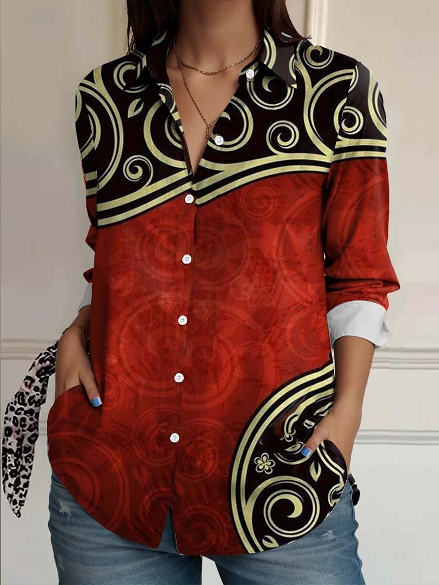Dames Overhemd dier Geometrisch Casual Lange mouw Overhemdkraag Normale tops Werk Dagelijks Knop Afdrukken Zwart Wit Rood blauw Groen Lente Herfst Winter 2025 - $32.99 –P1