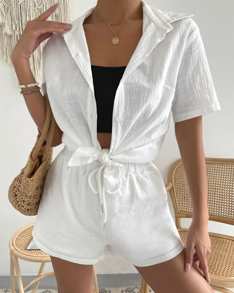 Damen Mode Streetwear Hemd Leinen-inspirierte Sets Zweiteilige Sets Knielange Shorts Kurzarm Hemdkragen Einfarbig Kordelzug Alltagskleidung Date Weiß Grün Khaki Sommer Normale Passform 2025 - $26.99 –P2