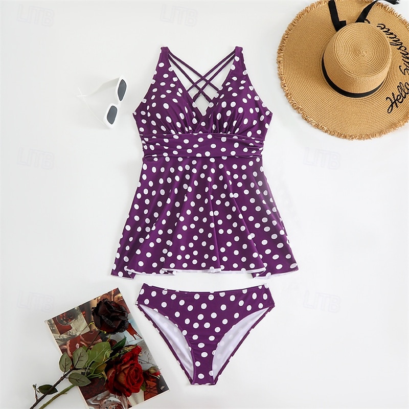 Dam Tankini Tvådelad baddräkt Korsvis Badkläder Fläck Badkläder Svart Blå Andningsfunktion Snabb tork Lättvikt Ärmlös - Simmning Surfing Strand Sommar Vår Plusstorlekar 2025 - $26.99 –P12