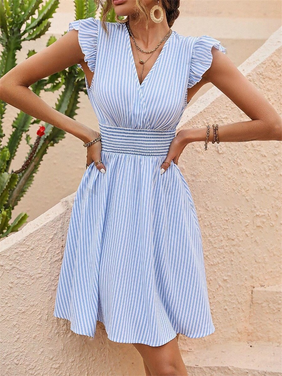 Pentru femei Rochie Mini Rochie casual Rochie A line Stilat Casual Vacanță Casual Zilnic Fit regulat Dunga Manșon scurt În V Negru Albastru celest Vară 2025 - $24.99 –P1