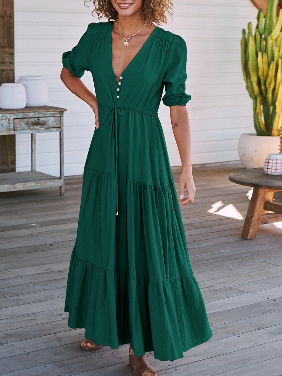 Women's Maxi Dress Casual Dress Swing Dress A Line Dress Casual Vacation Daily Regular Fit Plain Short Sleeve V Neck Black Navy Blue Fuchsia Green Summer 2025 - $31.99 –P8