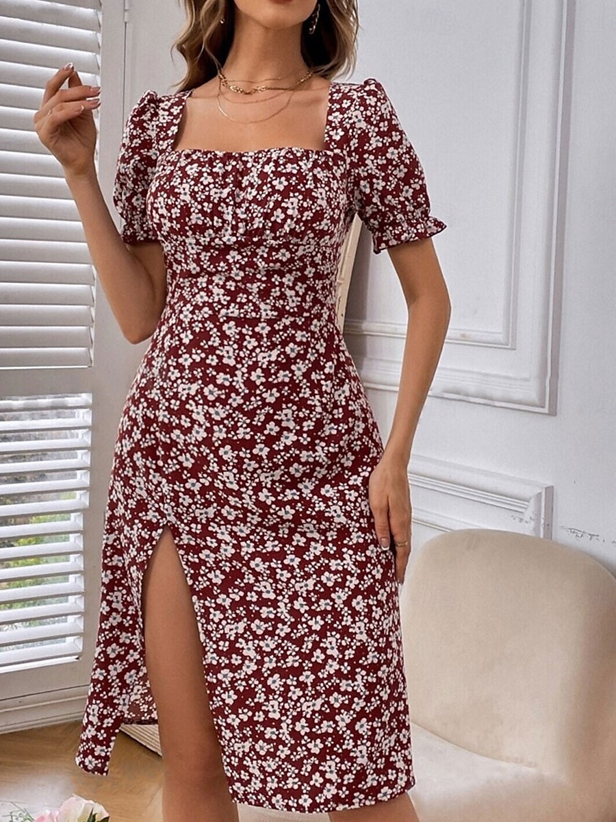 Damen Midikleid Corsagenkleider A Linie Kleid Milchmädchen-Kleid Kleid mit Puffärmeln Urlaub Urlaub Casual Täglich Regular Fit Blumen Graphic Kurzarm Quadratischer Ausschnitt Schwarz Burgunderrot 2025 - $23.99 –P1
