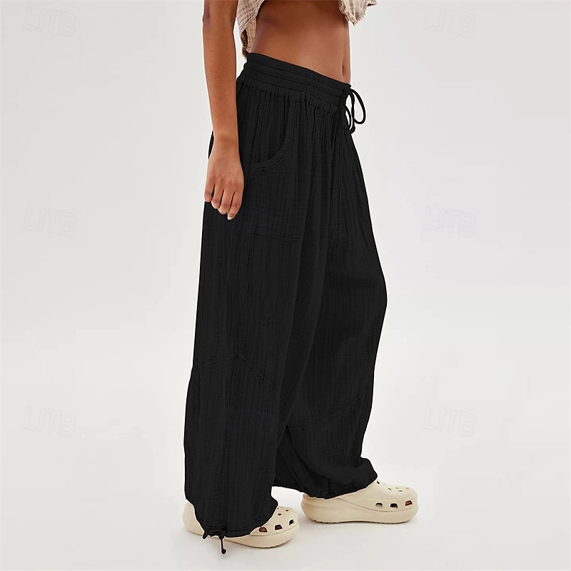 pantaloni din bumbac și pânză pentru femei, îmbrăcăminte stradală la modă, confort, lungime, talie înaltă, șnur simplu, talie elastică, șnur confortabil în aer liber, ținută confortabilă de zi cu zi 2025 - $18.99 –P7