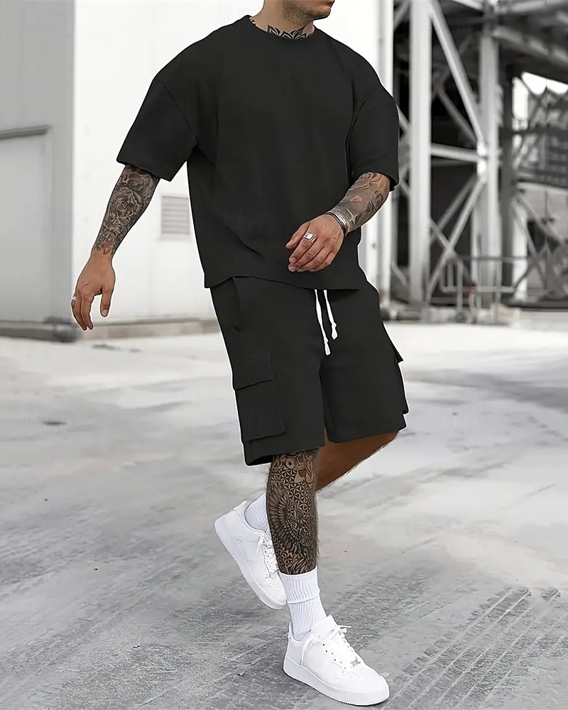 Men's Workout Set Tracksuit T shirt & Shorts Set Outfit Set Crew Neck Outdoor Daily Sports Pocket Drawstring 2 Piece Plain Black Red Green Polyester Activewear Classic Casual Summer 2026 - $36.99 –P10