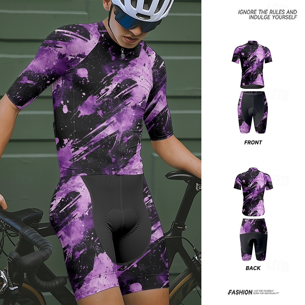 Homme Maillot et Cuissard Velo Cyclisme Manche Courte VTT Vélo tout terrain Cyclisme sur route Été Printemps Automne Violet Pourpre foncé Graffiti Vélo Fermeture Éclair Frontale Évacuation de la de 2026 ? $47.99 –P11