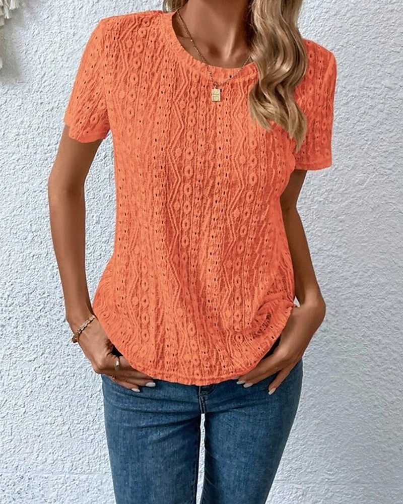 Жен. Блуза Ушко сверху Кружевные топы Полотняное плетение Повседневные Стиль Классический С короткими рукавами Вырез под горло Обычные топы Офис Повседневные Праздники С отверстиями 2025 - $21.99 –P12