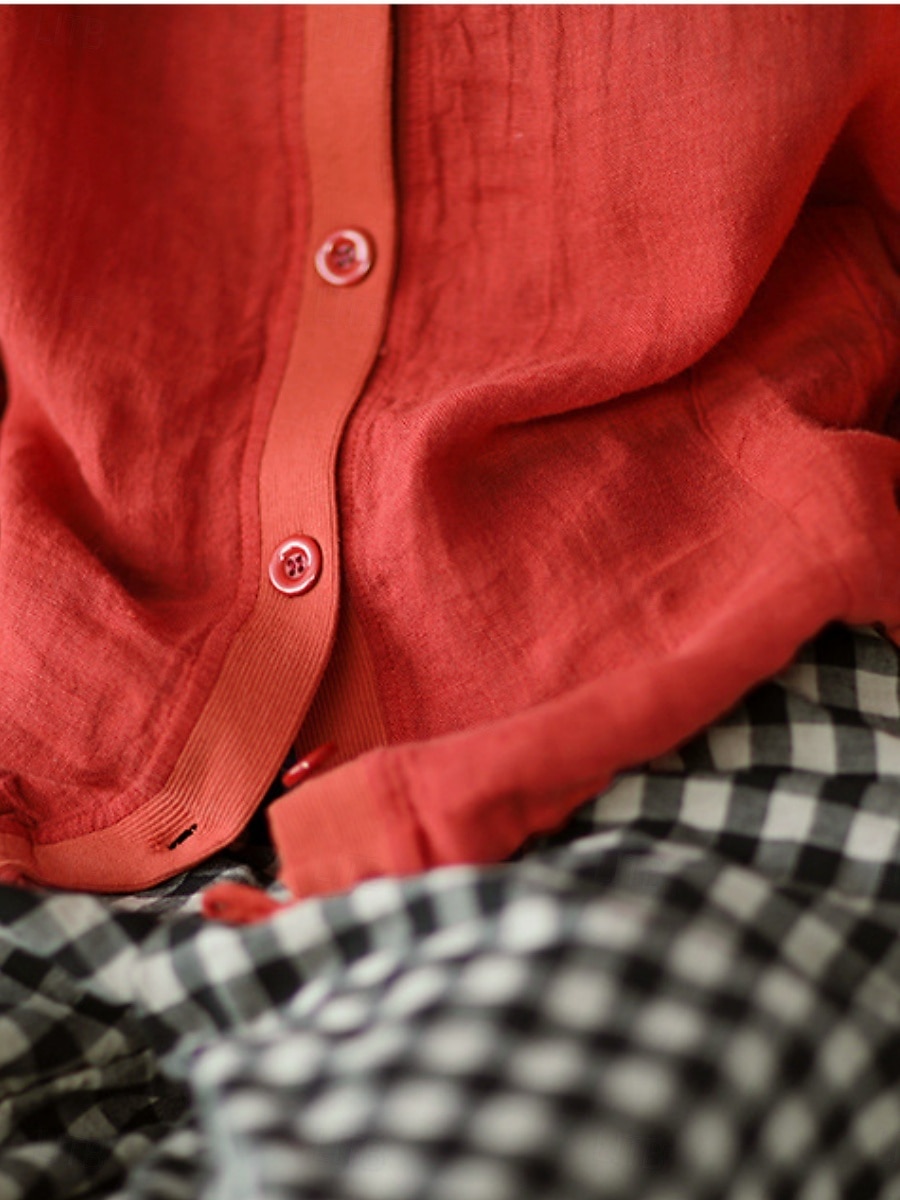 Women's Shirt Cotton Linen Shirts Button Up Blouse Solid Color Basic Casual Long Sleeve Hooded Regular Tops Daily Buttons White Red Blue Beige Summer 2025 - $25.99 –P4