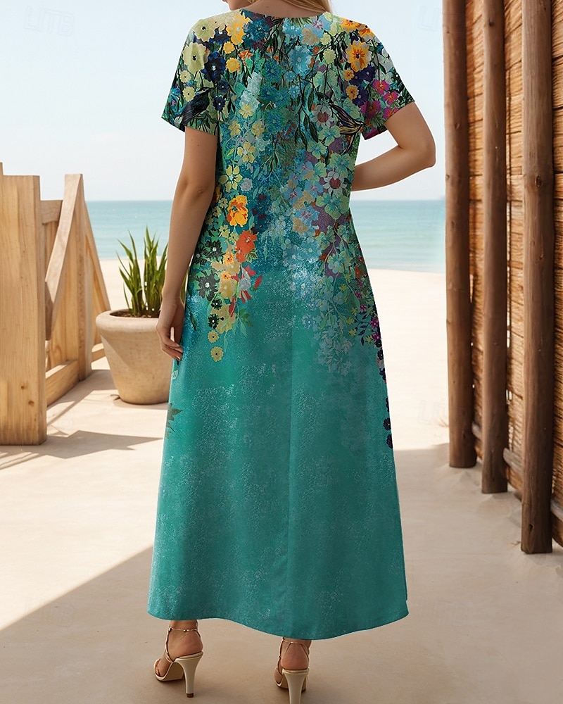 Robe Maxi Femme Robe T Shirt Robe Tee Robe d'Été Robe Shift Élégante Vacances Vintage Fête Vacances Fête Ajustement Régulier Florale Vintage Manches Courtes Col Ras du Cou Bleu Paon de 2025 ? $27.99 –P2