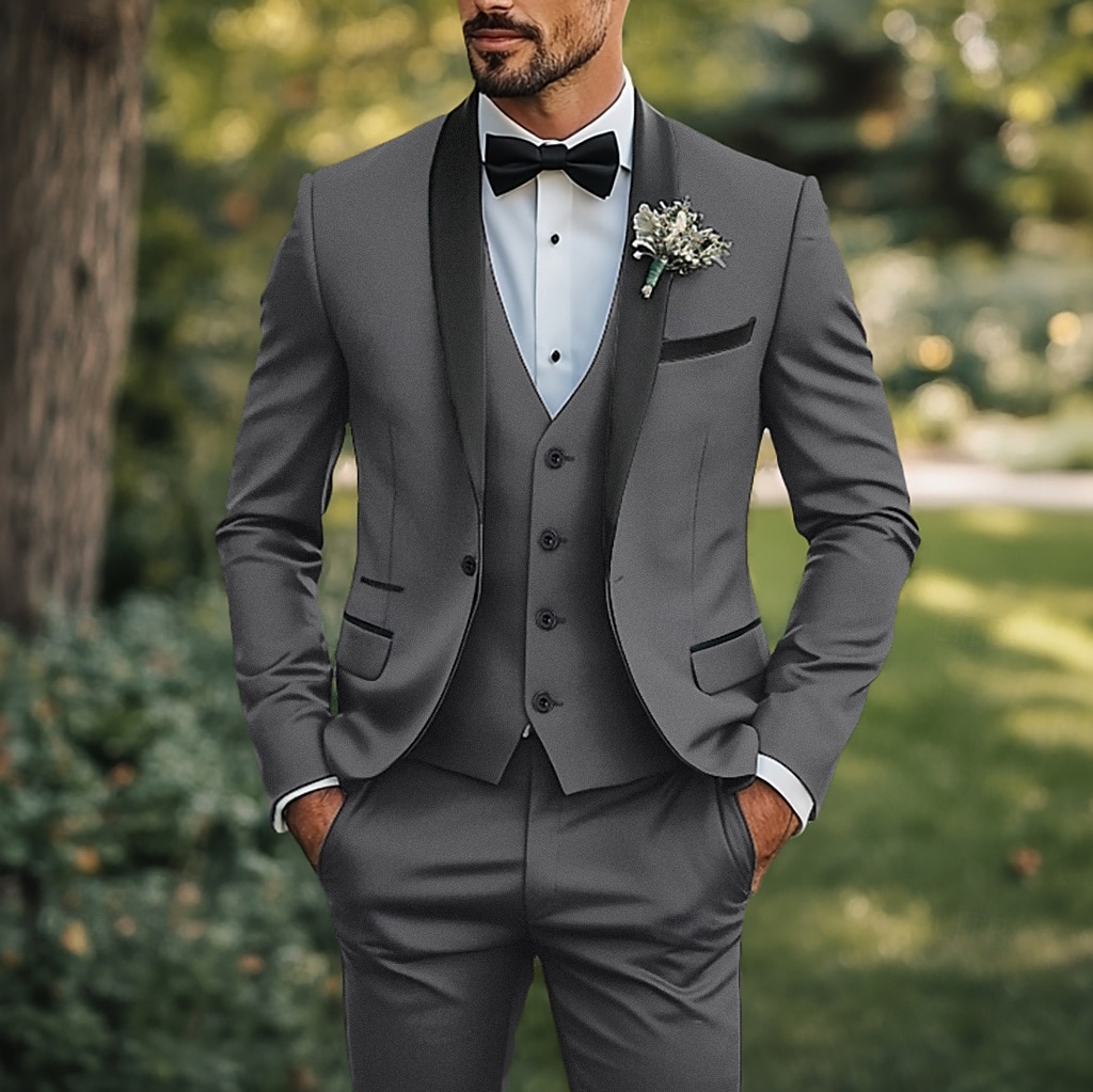 Costumes de mariage Prom pour hommes Noir Rouge Affaires Formelles Été Couleur Unie Ajustement Standard 3 Pièces Simple Boutonnage de 2025 ? $122.99 -P5