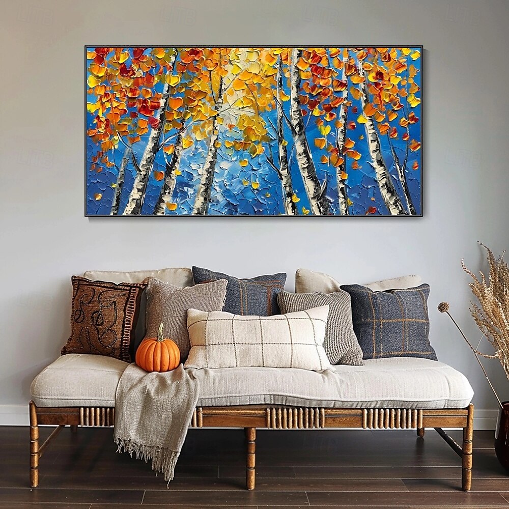 handgemaltes Birkenwald-Ölgemälde, Herbst-Wandkunst, Wohnzimmer-Dekor, Palettenmesser, dicke Textur, großformatiges handgemaltes abstraktes Bäume-Landschafts-Ölgemälde auf Leinwand, modernes 2025 - $125.99 –P5