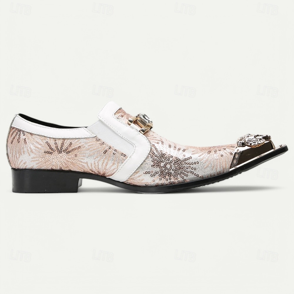 Mocassins em Couro de Vaca Premium Masculinos com Design Floral em Lantejoulas e Detalhe de Fivela de Cristal com Ponta Dourada–Sapatos Slip-On de Luxo para Ocasiões Especiais e Vestuário Noturno de 2025 por €104.02 –P4