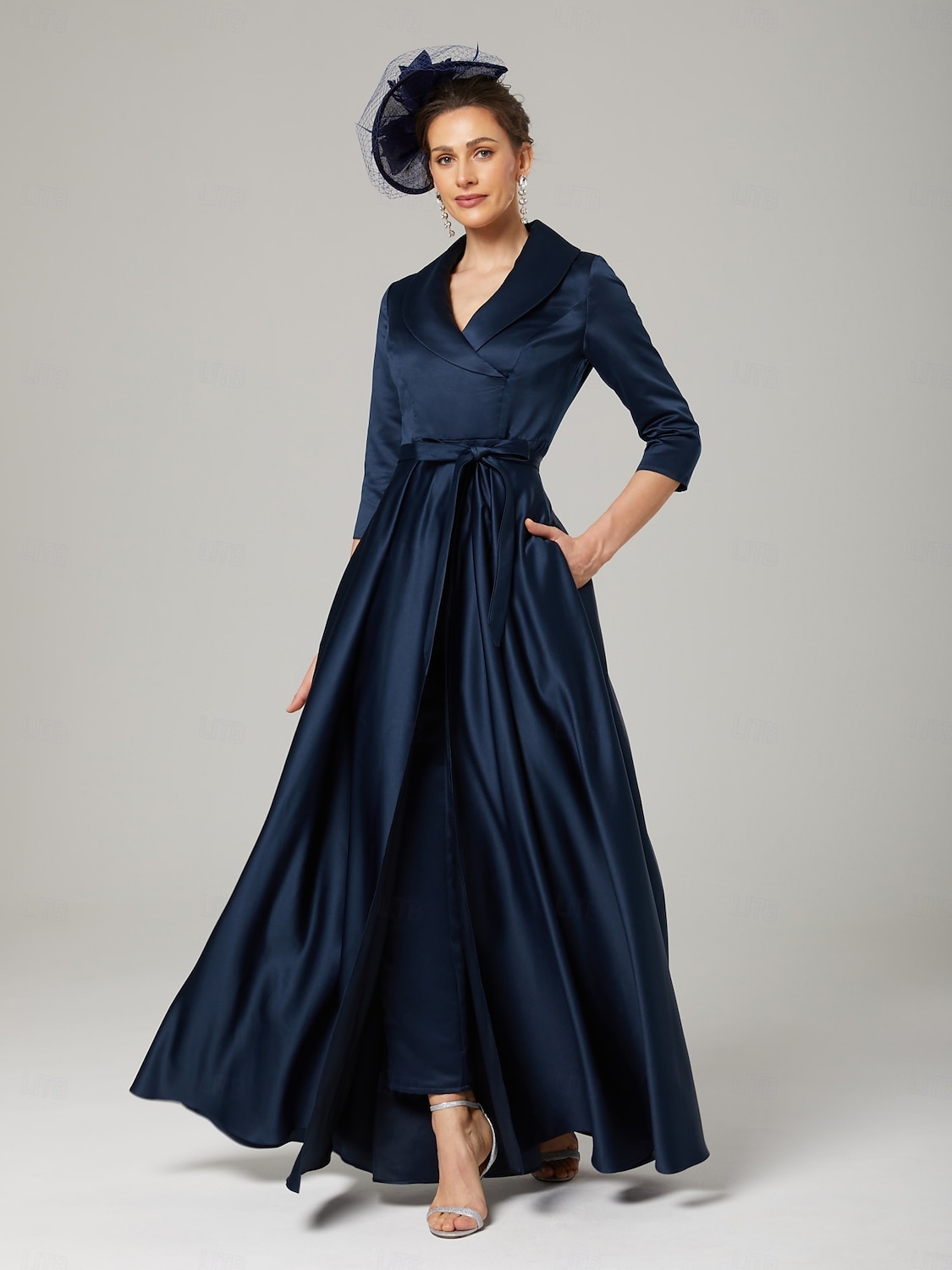 Jumpsuit / Pantsuit Mother of the Bride  Elegant Party Simple Shirt Collar Ankle Length Satin 3/4 Length Sleeve with Bow(s) 2025 - $164.99 –P4