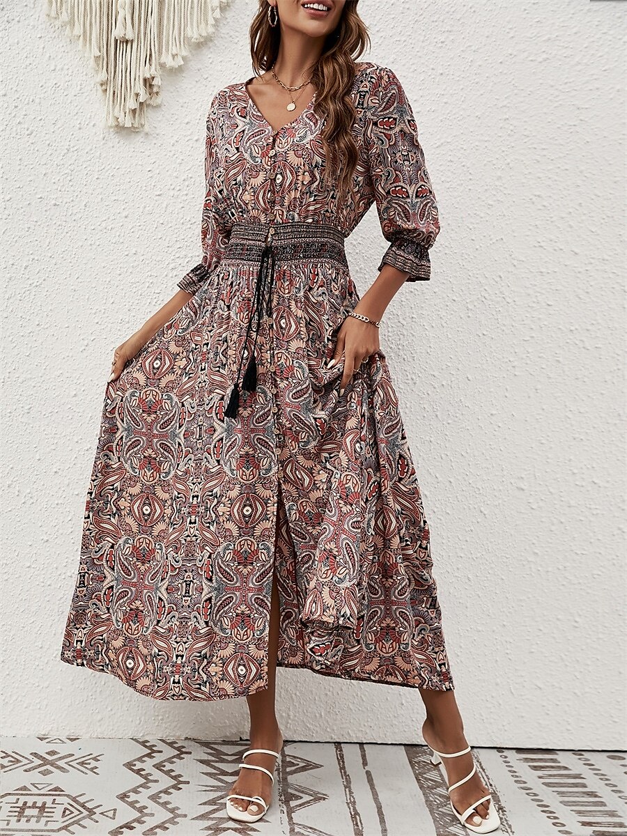 Per donna Vestito maxi Abito casual Abito Boho a maniche lunghe Abito boho Boemia Moda Essenziale Da mare Informale Giornaliero Standard Pop art Manica a 3/4 A V Marrone rossastro Blu Estate del 2025 a $42.99 –P6