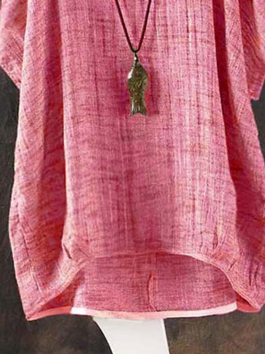 Dame Skjorte Bluse Skjorter i bomullslin Helfarge Grunnleggende Fritid Halvlange ermer Crew-hals Vanlige topper Daglig Rosa Grønn Kakifarget Sommer 2025 - $21.99 –P3