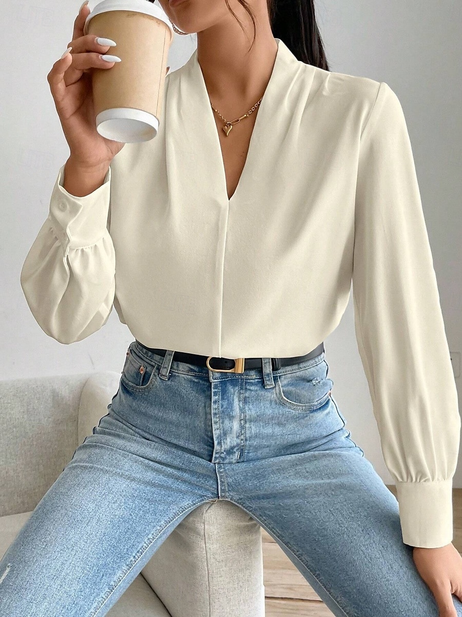 Dame Skjorte Bluse Helfarge Stilfull Fritid Langermet V-hals Vanlige topper Daglig Knapper Lomme Svart Hvit Gul Blå Grønn Sommer Vår 2025 - $31.99 –P32