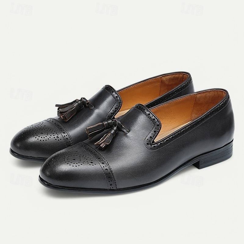 bruna tofsloafers i läder för män med brogue-detaljer, klassiska slip-on klänningskor för bröllop, fester och formella evenemang 2025 - $109.99 –P6