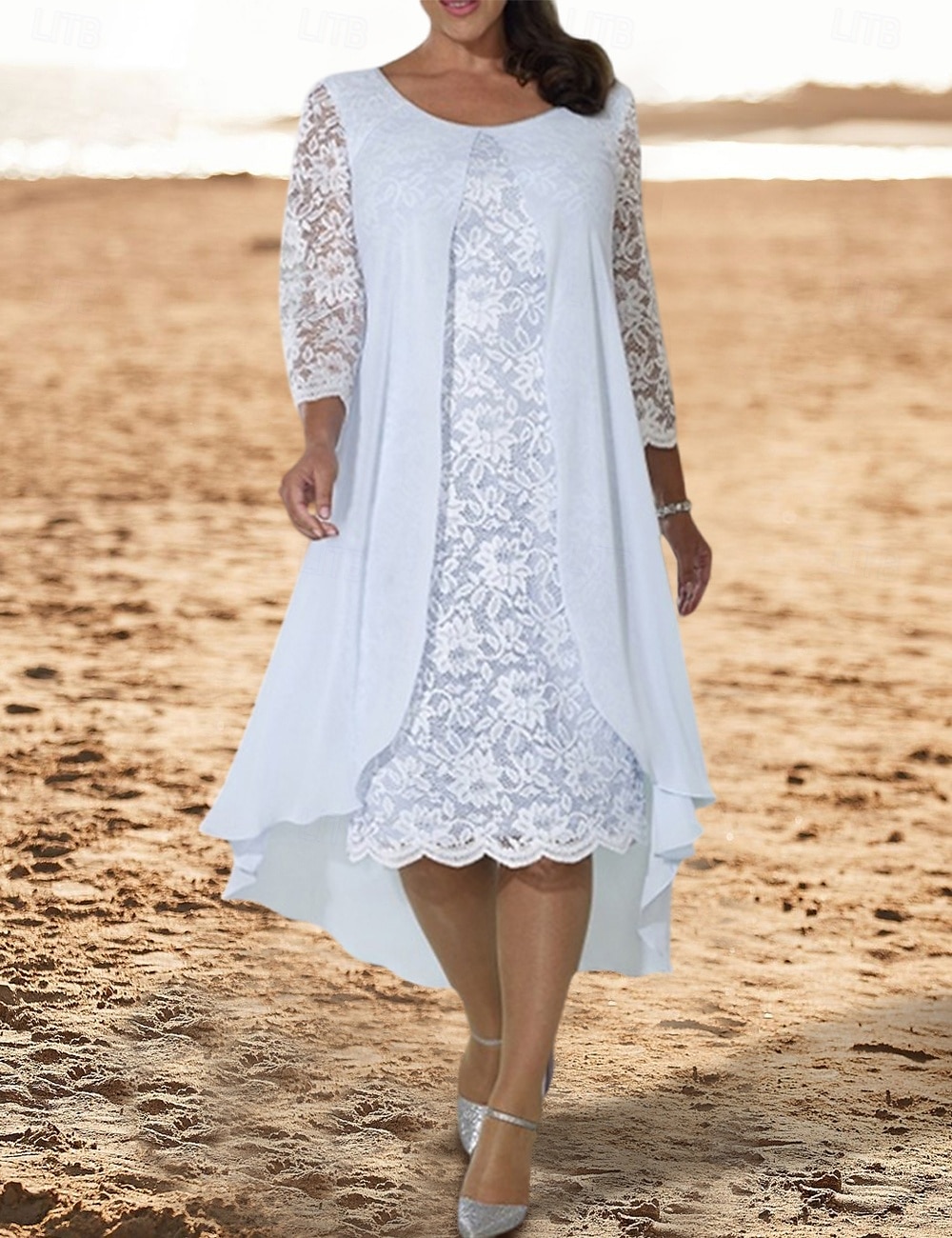 A-Line Mother of the Bride Dress Wedding Guest Elegant Scoop Neck Knee Length Chiffon Lace 3/4 Length Sleeve with Appliques Midi Dress 2025 2025 - $132.99 –P1