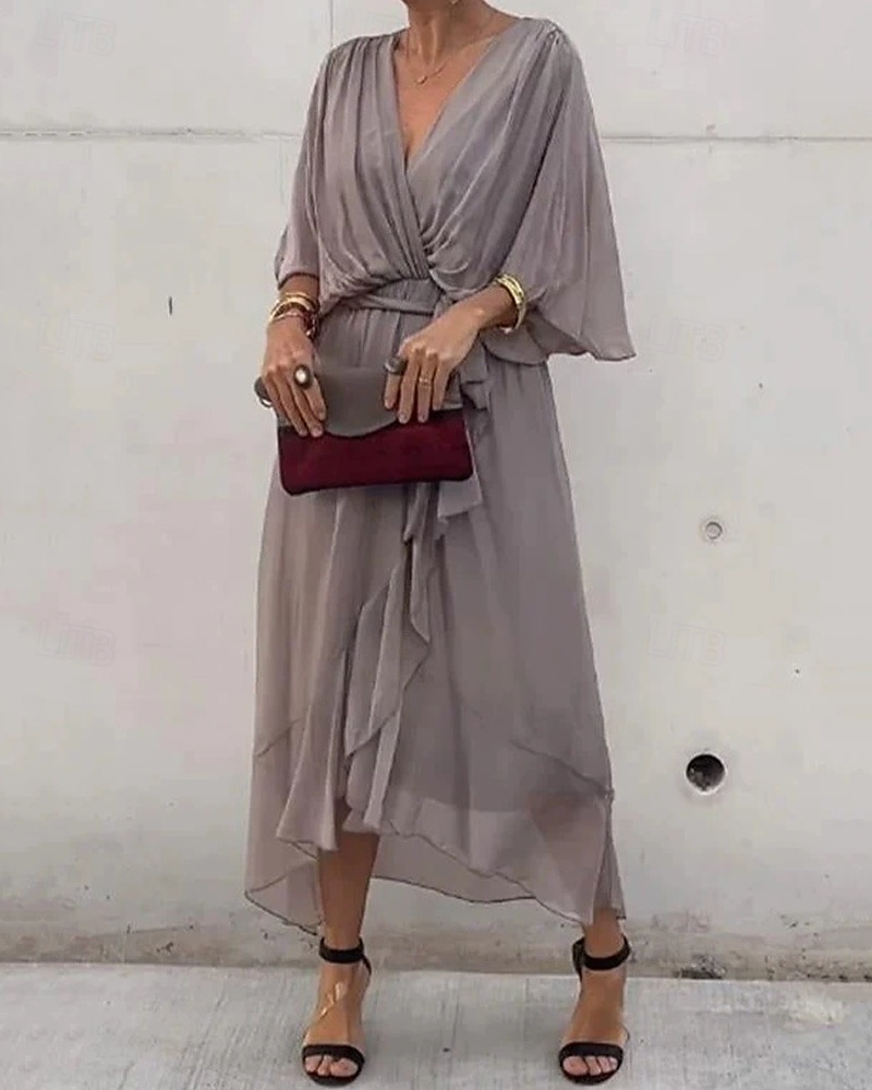 Dámské Midi šaty Bílé šaty Volnočasové šaty Koktejlky Šaty pro svatební hosty Elegantní stylové Netopýří rukávy Dovolená Denní Rande Běžný Bez vzoru Poloviční rukáv Do V Černá Bílá Šedá Léto Jaro 2025 - $27.99 –P3