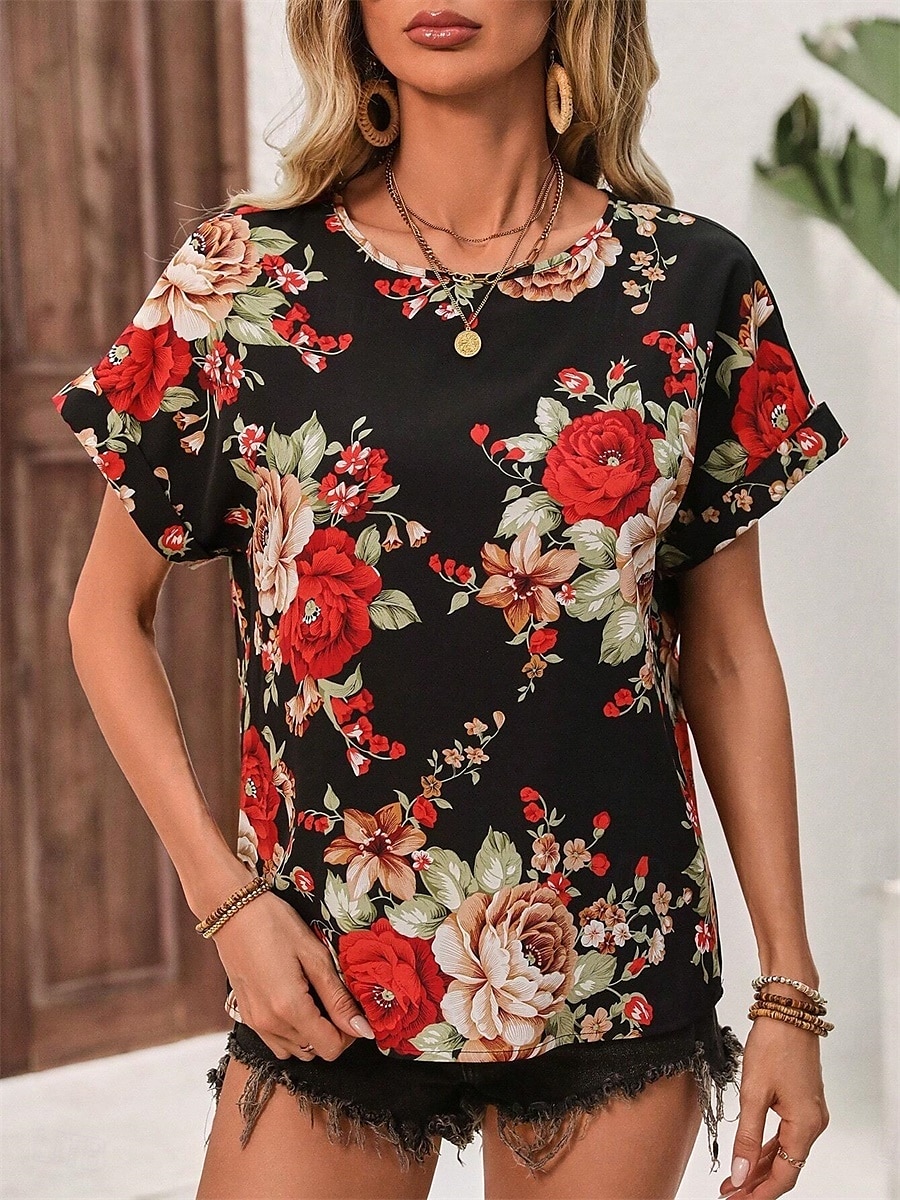 Dame Skjorte Bluse Grafisk Stilfull Fritid Kortermet Crew-hals Vanlige topper Daglig Ferie Ut på byen Trykt mønster Svart Gul Grønn Kakifarget Rose Rosa Sommer Vår 2025 - $24.99 –P5