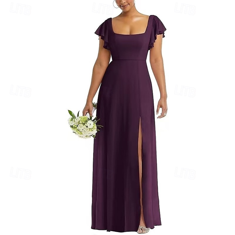 Linha A Vestido de Madrinha Scoop pescoço Manga Curta Elegante Longo Chiffon / Elastano com Fru-Fru / Pregueado / Fenda Frontal 2022 de 2025 por $155.99 –P7