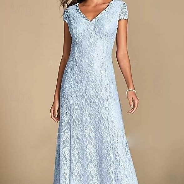 A-Lijn Moeder van de Bruid Jurk Bruiloft Gast Plus Size V Hals Enkele Lengte Kant Korte Mouw met Plooien 2025 - $176.99 –P3