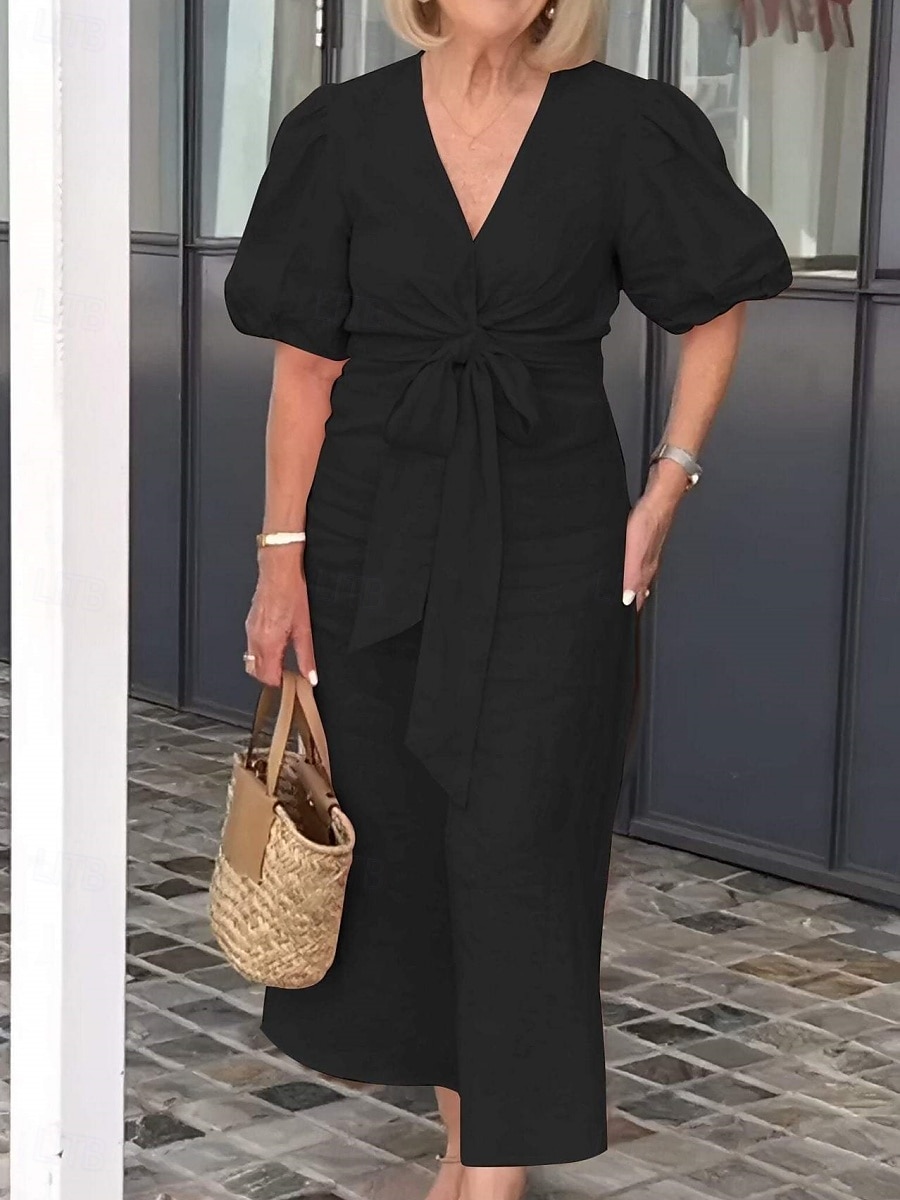 Women's Maxi Dress A Line Dress Solid Color Summer Dress Puff Sleeve Dress Basic Casual Puff Sleeve Vacation Daily Regular Fit Graphic Short Sleeve V Neck Black White Yellow Pink Summer 2025 - $26.99 –P5