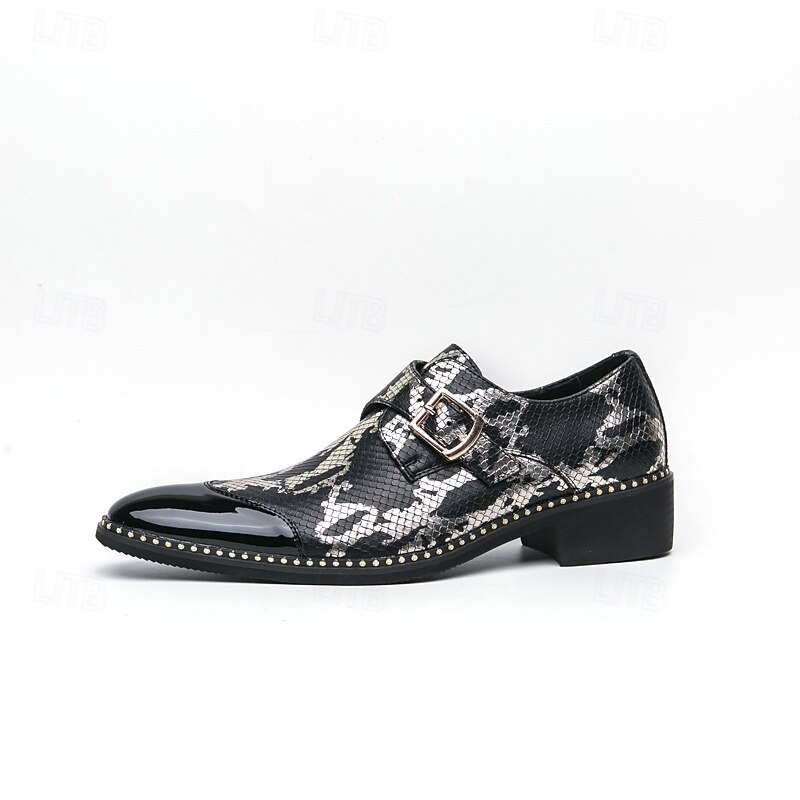 mocassins à imprimé serpent noir et blanc pour hommes avec détails en cuir verni et boucle – chaussures à enfiler élégantes pour les occasions formelles et décontractées de 2025 ? $46.99 –P4