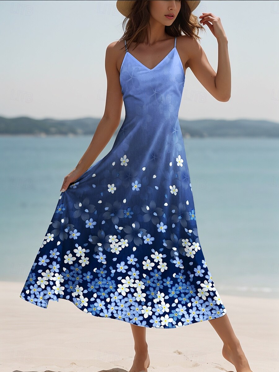 Per donna Vestito maxi Abito linea A Abito sottoveste Festività Informale Da mare Informale Giornaliero Standard Ambra Floreale Pop art Senza maniche A V Blu Estate Primavera del 2025 a $28.99 –P1
