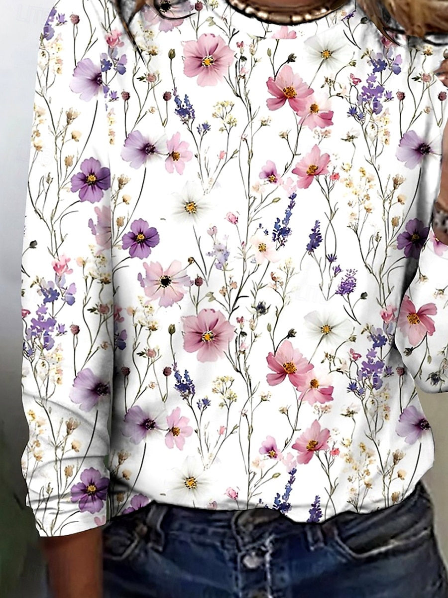 Dame T skjorte Blomstret Elegant Årgang Mote Langermet Crew-hals Vanlige topper Daglig Ut på byen Helg Trykt mønster Hvit Sommer Vår 2025 - $22.99 –P3