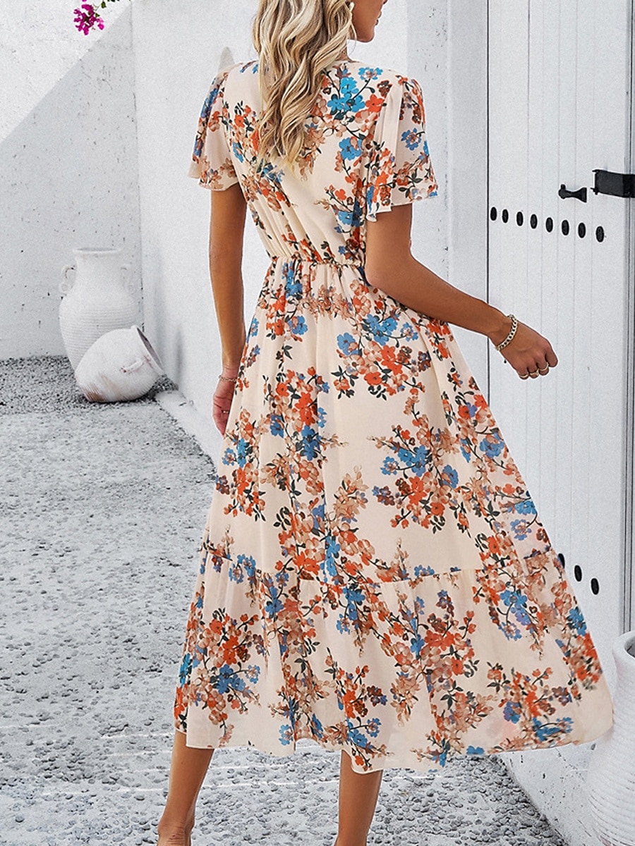 Damen Midi Kleid Korsett Kleid A-Linien Kleid Sommer Kleid Urlaub Urlaub Täglicher Regular Fit Floral Kurzarm V-Ausschnitt Rot Marineblau Grün Aprikose Sommer 2025 - $46.99 –P7