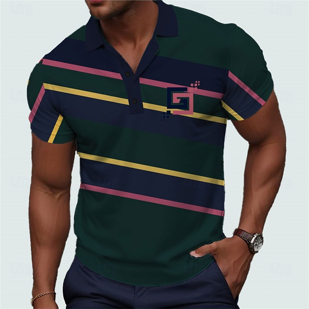Voor heren Gestreept Golfshirt Korte mouw Poloshirt Overhemden met kraag Zakelijk informeel Vakantiekleding Formele kleding Festivalkleding Knop 3D-afdrukken Zomer Blozend Roze Rood Paars 2025 - $22.99 –P5