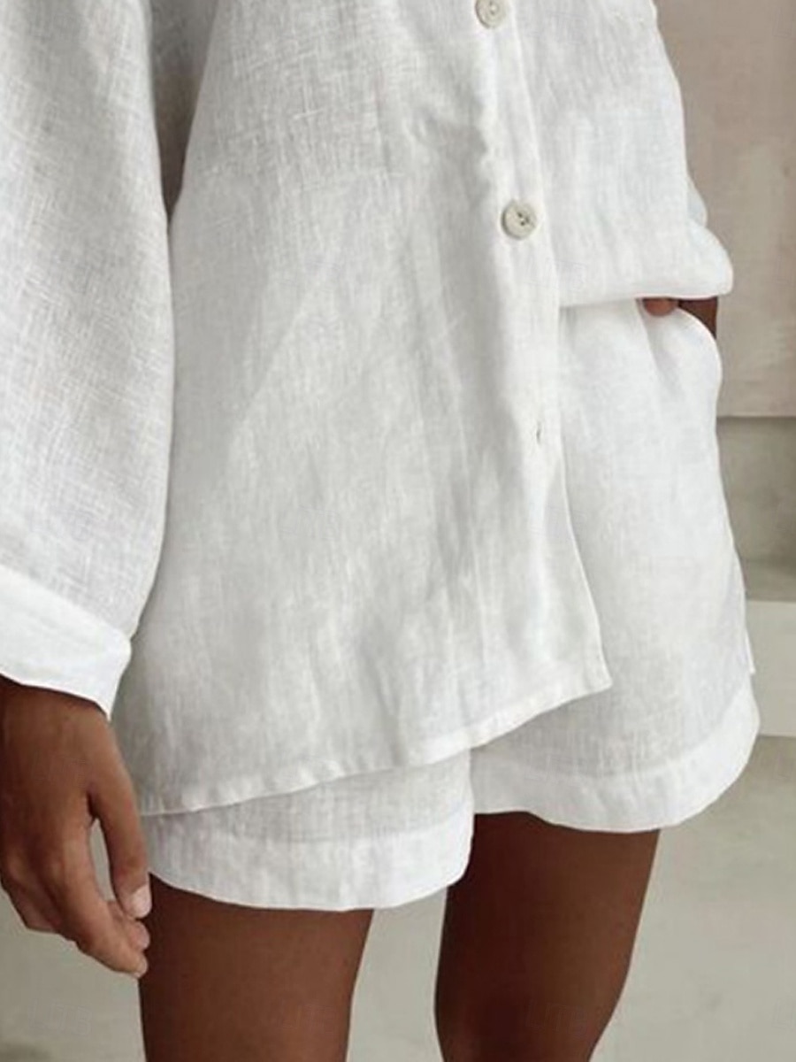 Women's Fashion Streetwear Daily Shirt Linen-Inspired Sets Two Piece Sets Baggy Shorts Long Sleeve V Neck Plain Casual Daily Black White Blue Summer Regular Fit 2025 - $30.99 –P3